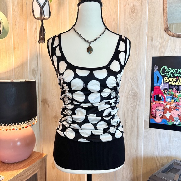 Vintage Bebe Women's Small Black and White Polka Dot Silky Ruched Tank Top 2000s - Picture 1 of 8